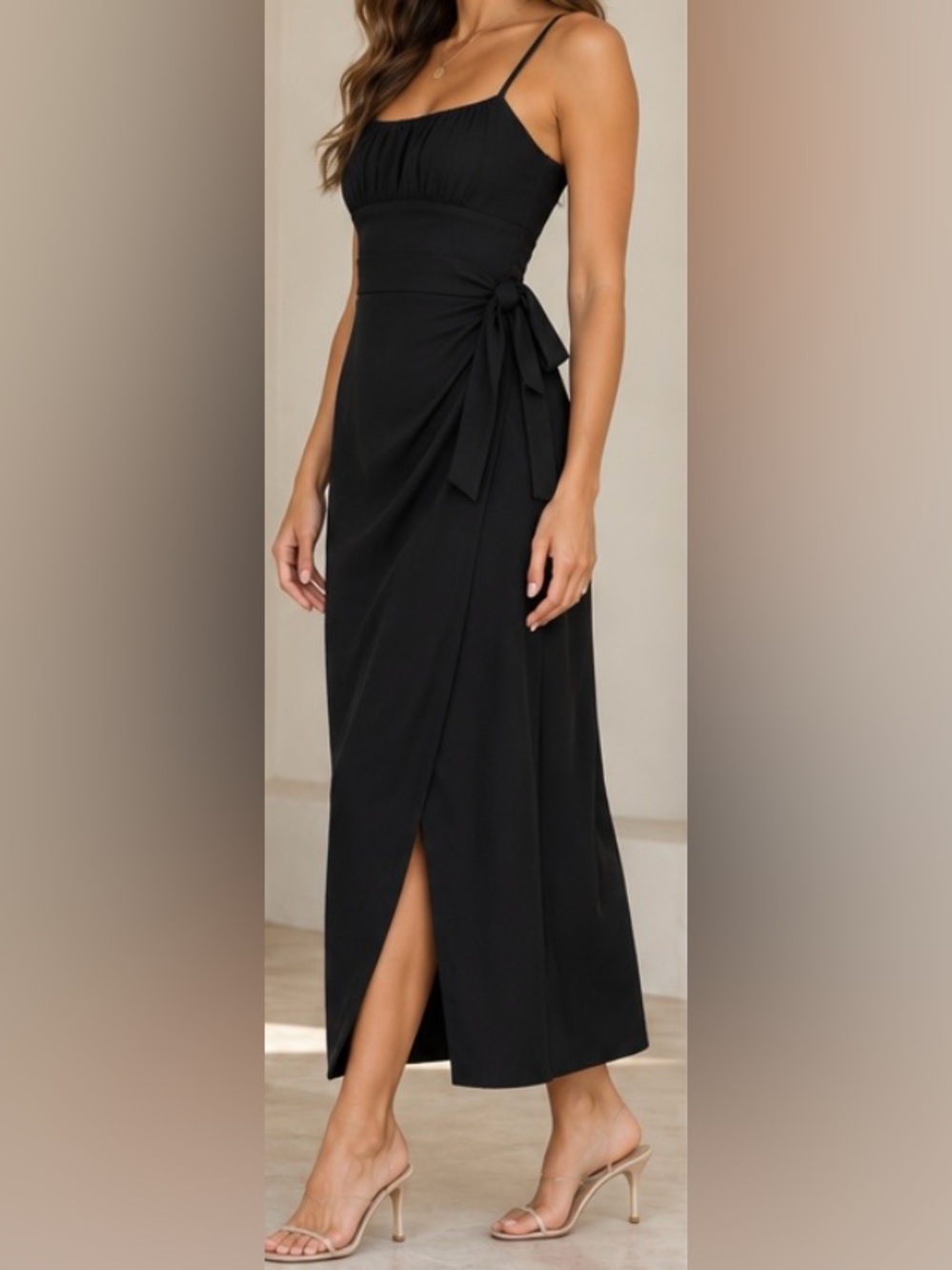 Wayf Black Sleeveless Wrap Dress with Side Tie